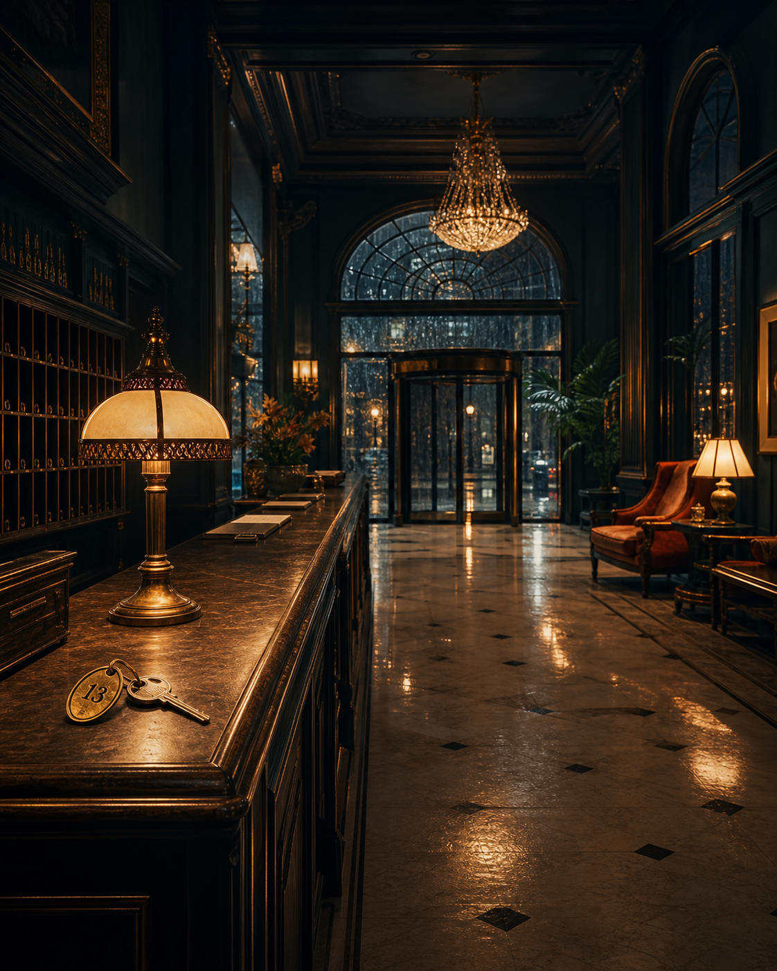 Vestíbulo nocturno de un hotel clásico
